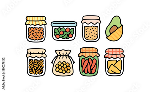 Cute doodle zero contain food storage collection flat vector illustration bold handdrawn outlines bright solid fills isolated on white clean white space sticker style minimal detail zero