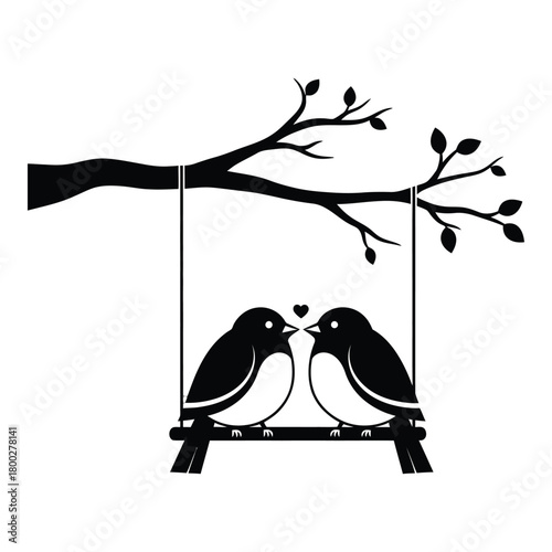 Two birds in love sitting on a swing under a branch