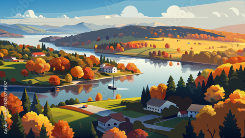 Very beautiful aerial panorama of Lake Parsippany on a sunny autumn afternoon, showcasing calm reflective waters, colorful foliage, peaceful residential edges, and a bright, inviting seasonal landscap