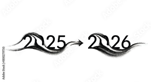 Abstract representation of the transition from 2025 to 2026 with flowing dark lines and an arrow.