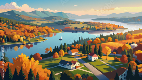 Very beautiful aerial panorama of Lake Parsippany on a sunny autumn afternoon, showcasing calm reflective waters, colorful foliage, peaceful residential edges, and a bright, inviting seasonal landscap