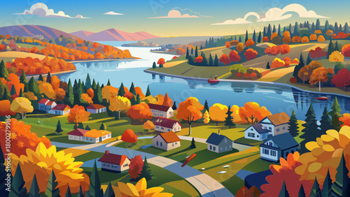 Very beautiful aerial panorama of Lake Parsippany on a sunny autumn afternoon, showcasing calm reflective waters, colorful foliage, peaceful residential edges, and a bright, inviting seasonal landscap