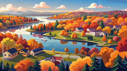 Very beautiful aerial panorama of Lake Parsippany on a sunny autumn afternoon, showcasing calm reflective waters, colorful foliage, peaceful residential edges, and a bright, inviting seasonal landscap