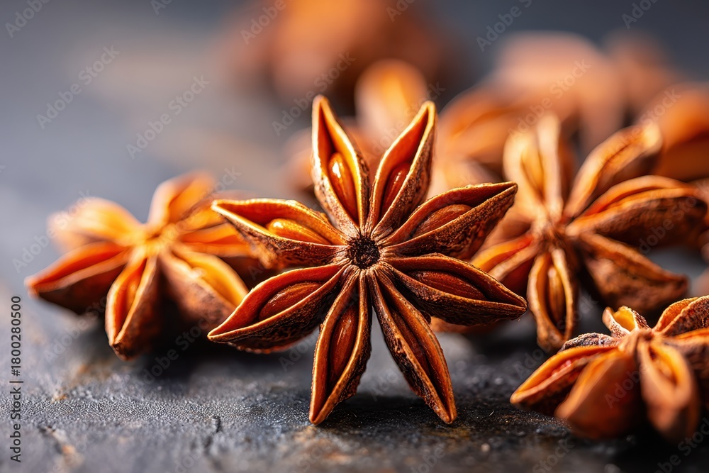 Fototapeta premium Close-up of star anise spice on dark surface