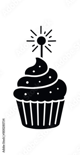 cupcake with sparkler flat black solid vector illustration isolated on white background