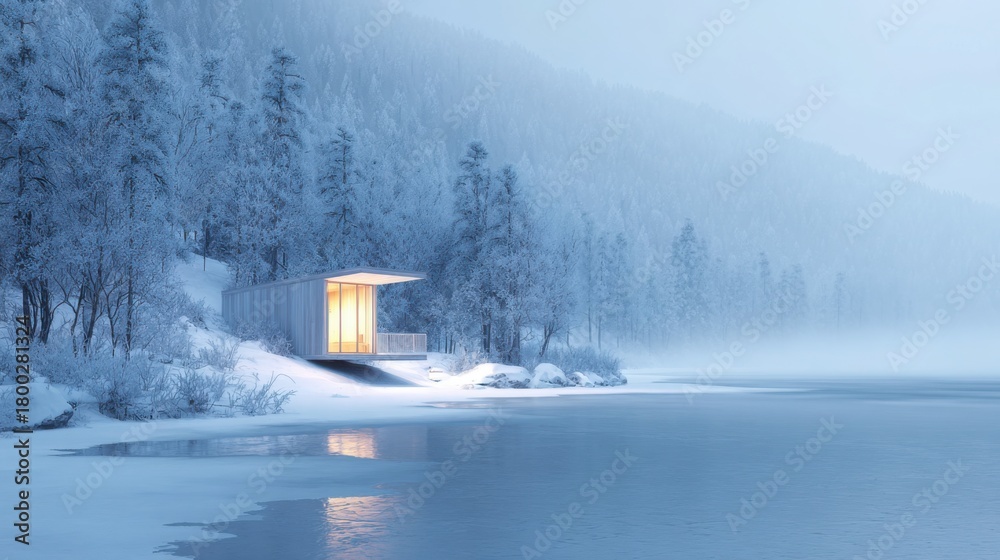 Obraz premium tiny modern cabin with glowing interior standing on edge of frozen lake, snow covered forests behind, serene mist rising from ice, pure white