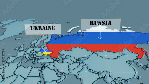 A 3D digital map highlighting Russia in its tricolor and Ukraine in blue and yellow, with large labels marking both countries, world map, UKRAINE flag, RUSSIA  flag,
