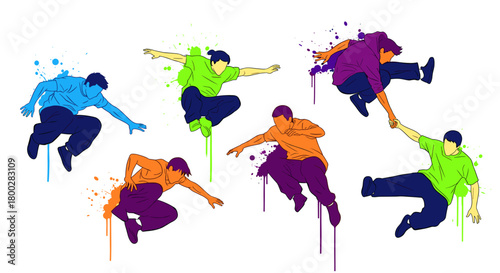 Group of parkour athletes jumping and performing stunts isolated on white background