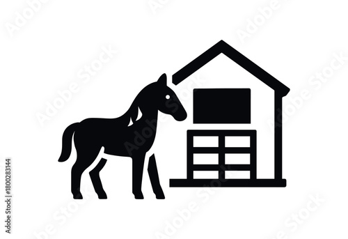 horse and stable flat black solid vector illustration isolated on white background
