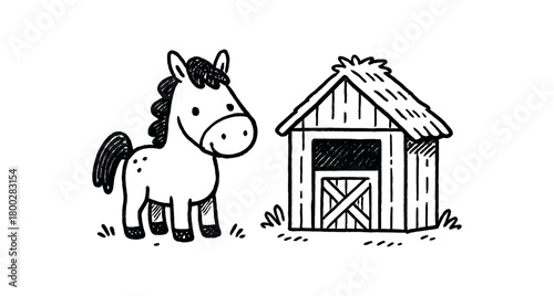 handdrawn cute doodle style horse and stable vector line illustration