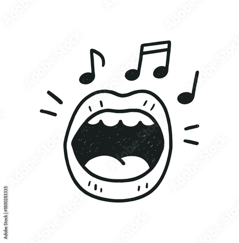 handdrawn cute doodle style open mouth singing vector line illustration