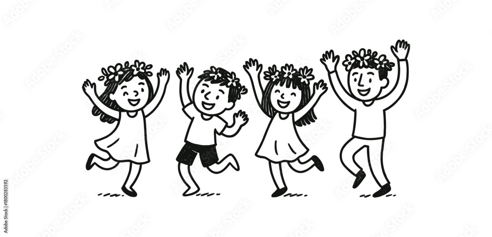 Naklejka premium handdrawn cute doodle style people dancing with flower wreaths vector line illustration