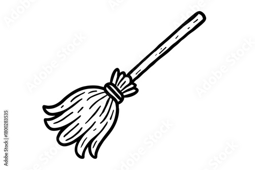 handdrawn cute doodle style witch broom vector line illustration