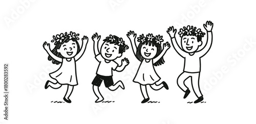 handdrawn cute doodle style people dancing with flower wreaths vector line illustration