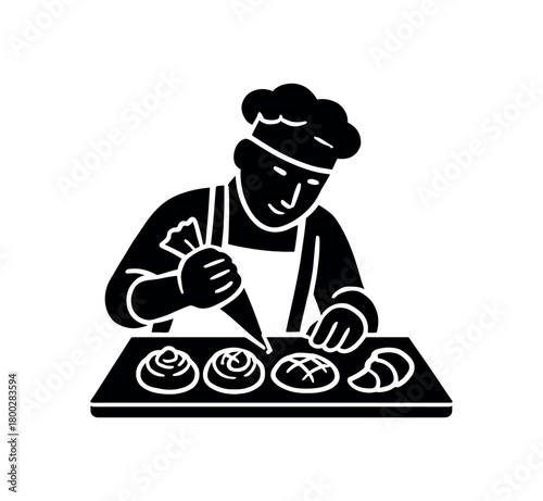 baker decorating traditional pastries flat black solid vector illustration isolated on white background