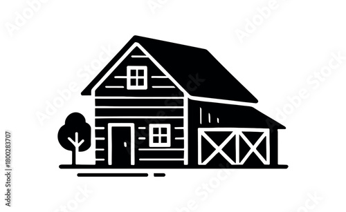 wooden farmhouse flat black solid vector illustration isolated on white background
