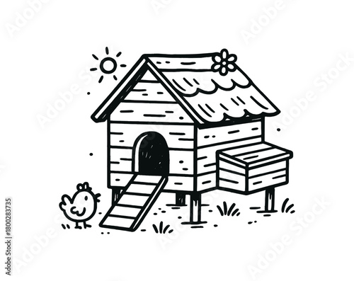 handdrawn cute doodle style chicken coop vector line illustration