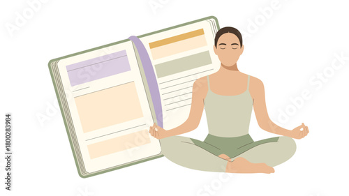 Meditating woman, beside an open notebook, finding balance.
