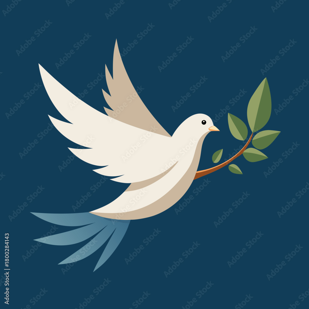Obraz premium A stylized white dove with an olive branch in its beak flies against a dark blue background