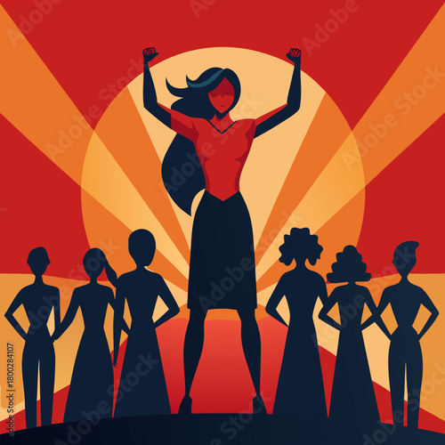 Empowered woman leads diverse group of supporters in bold silhouette art