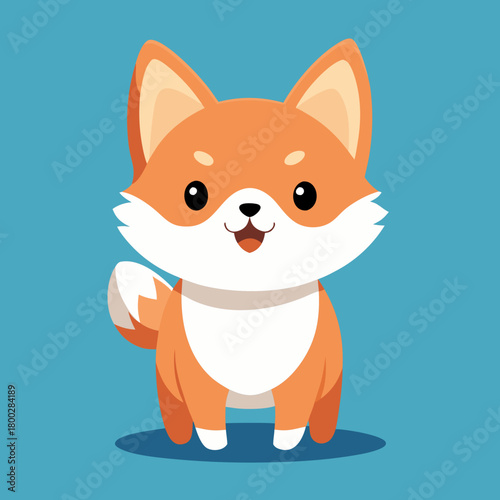 Adorable cartoon fox with big eyes and fluffy tail standing on a blue background
