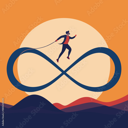 Man running on an infinity loop against a sunset backdrop with abstract hills