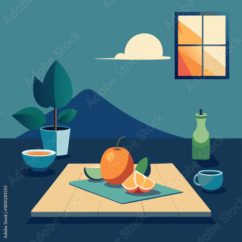 Still life with orange plant and window view in minimalist style