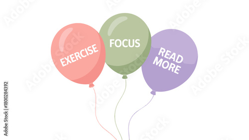 Three balloons, each with a motivational word.