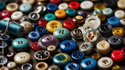 Close up of a huge group of colorful buttons on a table
