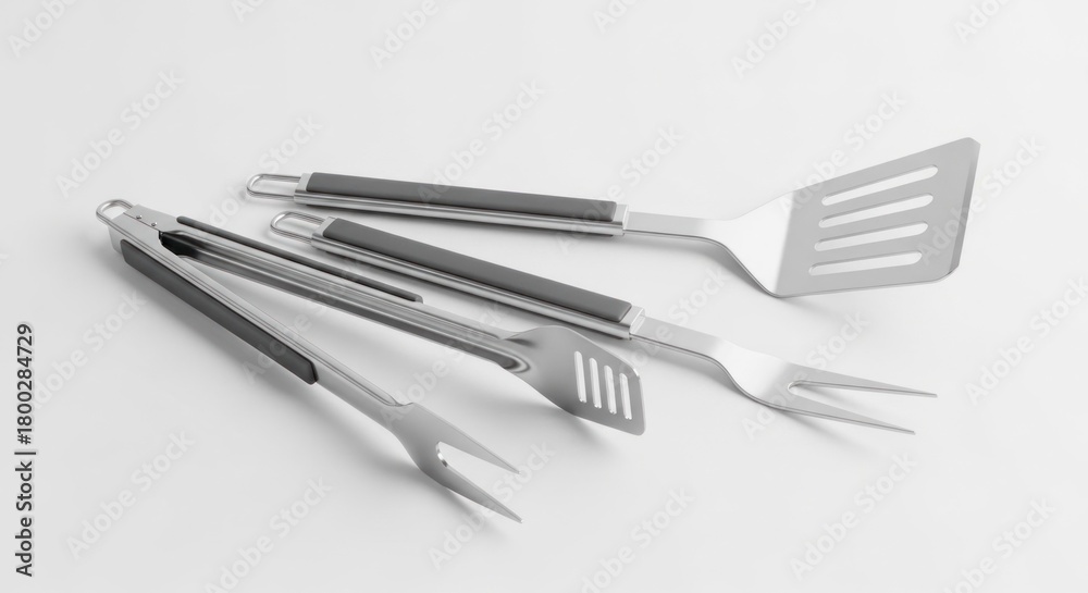 Fototapeta premium Stainless steel barbecue utensils on white, including tongs, spatula, fork, and slotted turner