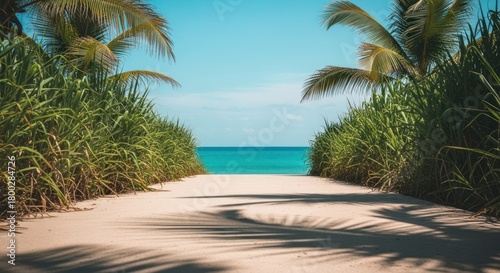 Fototapeta Naklejka Na Ścianę i Meble -  Sandy path leads to turquoise ocean framed by lush greenery and tropical palm trees