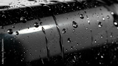 Mesmerizing Macro Water Droplets Flowing and Reflecting on a Sleek Dark Surface, Creating Dynamic Liquid Patterns