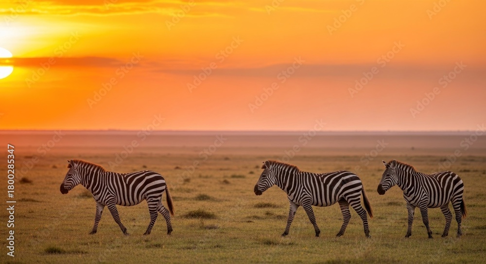 Fototapeta premium Three zebras walk across a grassy plain at sunset with a blazing orange sky