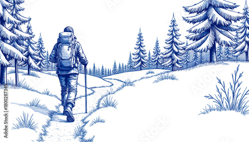 Backpacker in snowy trail walking through winter landscape  