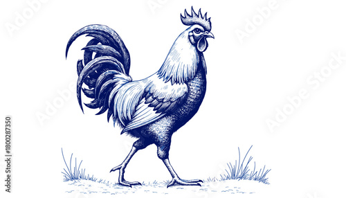 Vintage sketch of a rooster walking in snow with blue ink  