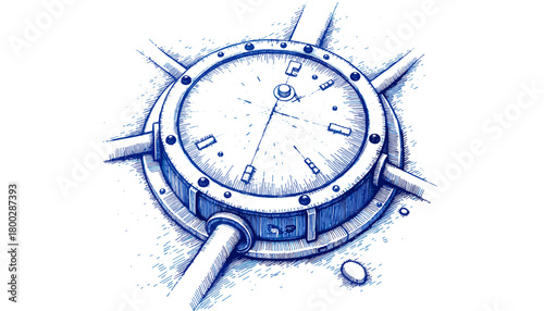 Vintage sketch of a manhole cover drawn in blue ink  