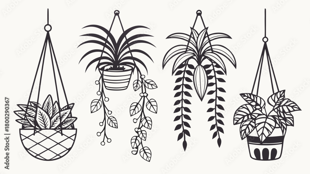 Fototapeta premium Hanging Plants Line Art Vector, CAD-Style Trailing plant in Pots Symbols for Architecture and Garden Plans