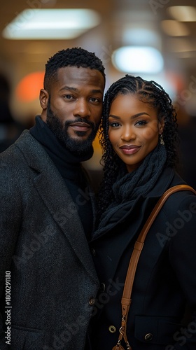 A stylish couple poses for a portrait, showcasing their elegant attire and warm smiles.  The soft background blurs, focusing attention on them
