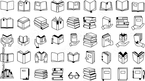 Collection of various book icons and illustrations, including open and closed books, stacks of books, books held by hands, and a bookshelf.