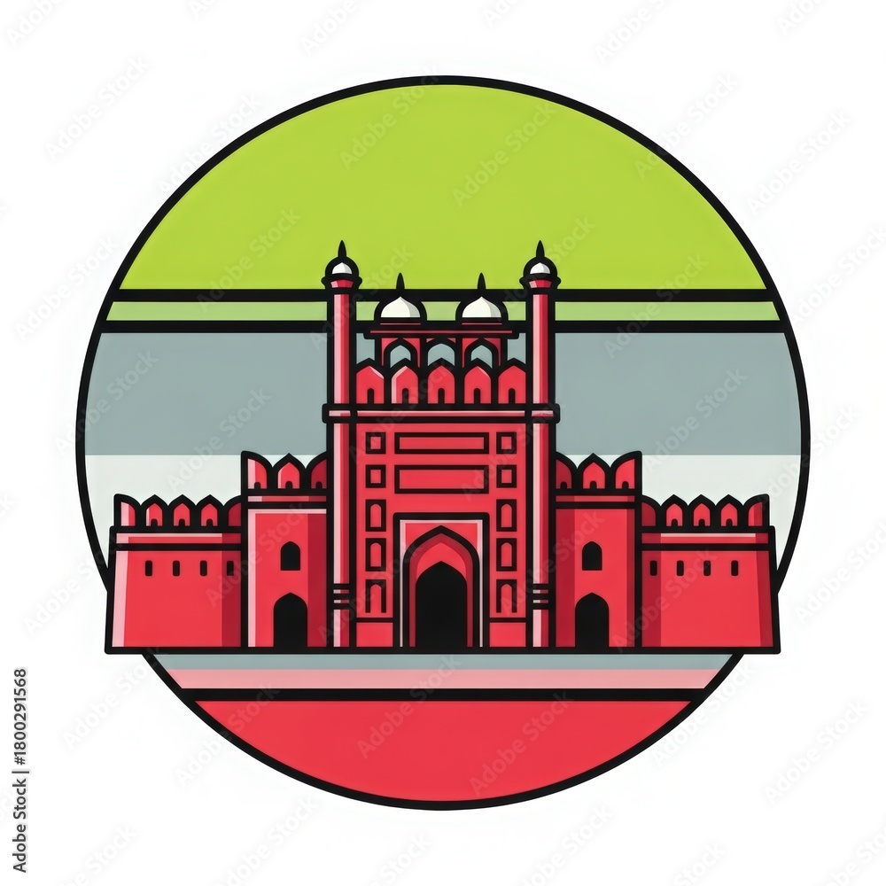 Naklejka premium Stylized illustration of a red sandstone fortress with minarets and domes set against a circular background with colorful stripes