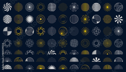 Gold and silver set of circles, semicircles and shiny halftone round symbols. Futuristic y2k vector radial shapes, golden and chrome sign collection