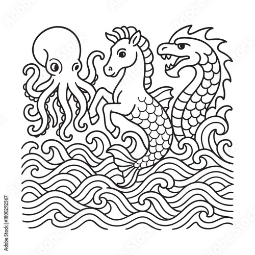Mythical Ocean Creatures Coloring Page, Kraken, Leviathan and  Hippocampus Line Art for Kids & Adults