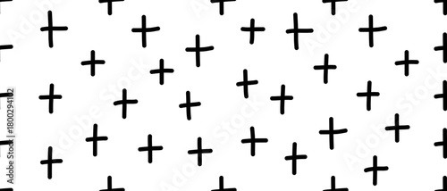 Simple abstract pattern with black plus crosses on white background. Hand drawn vector texture creates minimal geometric design. Vector illustration on an isolated background.
