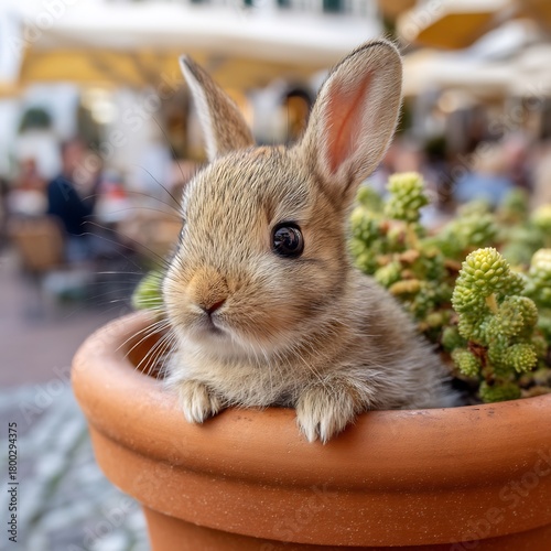 Fototapeta Naklejka Na Ścianę i Meble -  Adorable baby rabbit sitting in a flower pot on the street in a city