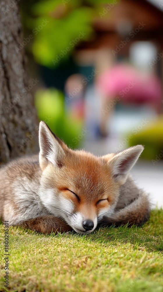 Fototapeta premium Cute red fox sleeping peacefully on green moss under a tree in the garden