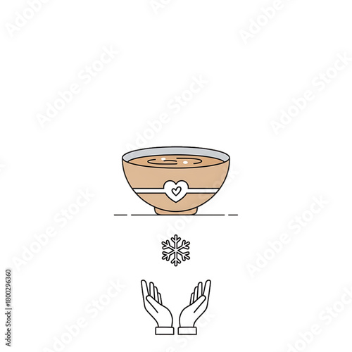 Warm bowl of porridge with hands catching a delicate snowflake above it.