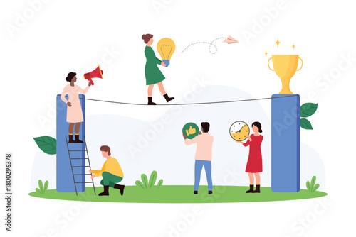 Success idea, opportunity to reach goal, professional development. Tiny people holding light bulb climb rope to golden award cup, winner walking tightrope with risk cartoon vector illustration