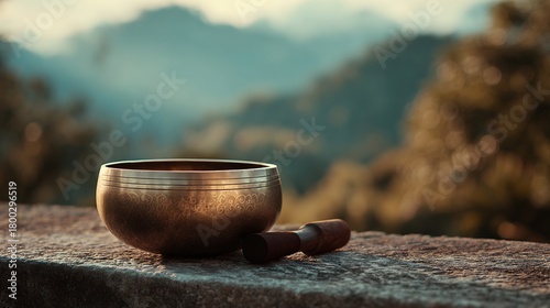 Singing bowl on a stone surface with a blurred mountain background in the morning