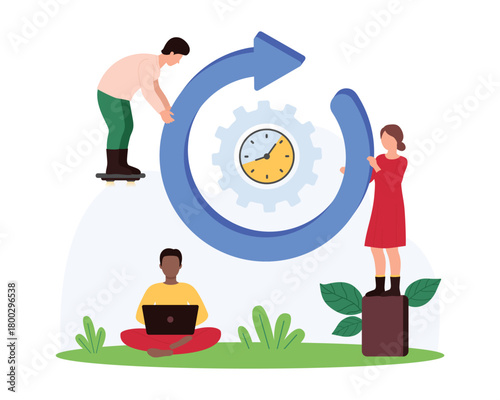 Time interval countdown, loading progress button. Tiny people holding round arrow with speed spin motion to watch on clock inside, timer with gear ticking to deadline cartoon vector illustration