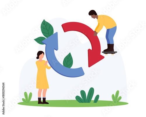 Reload internet connection, update and synchronize software progress, repeat action button. Tiny people holding two loop circular arrows with arrowheads and spin motion cartoon vector illustration